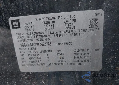 2016 Chevrolet Silverado 1500 1Lt from USA, damaged, VIN 1GCVKREC9GZ423706